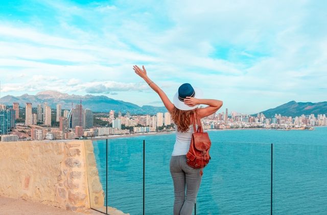 Woman,Tourist,Enjoying,Panoramic,View,Of,Benidorm,,Alicante,Province,In