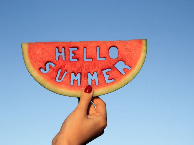 Watermelon,Slice,With,Text,Hello,Summer,,Woman,Hands,Holding,It